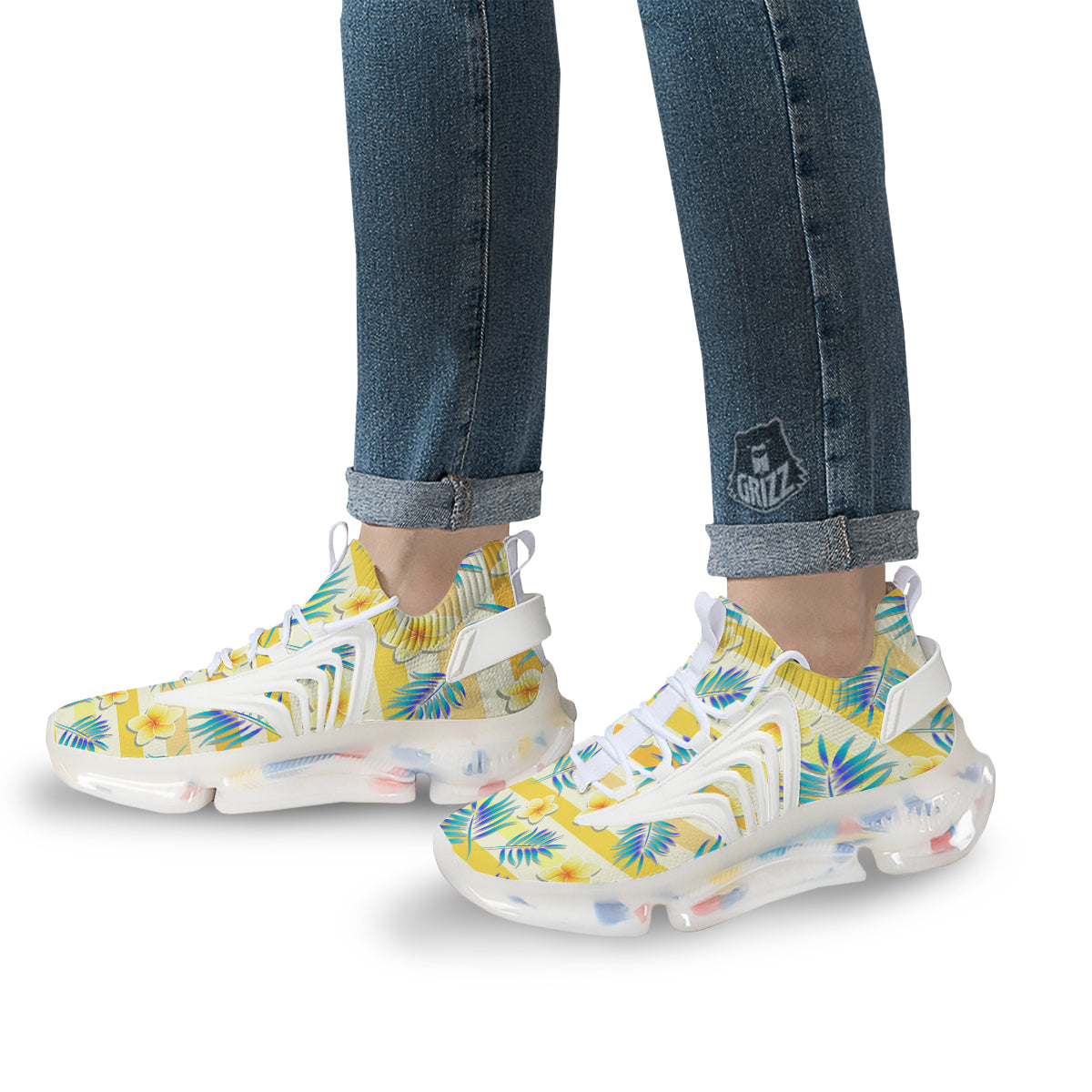 Frangipani Yellow Print Pattern White Gym Shoes-grizzshop