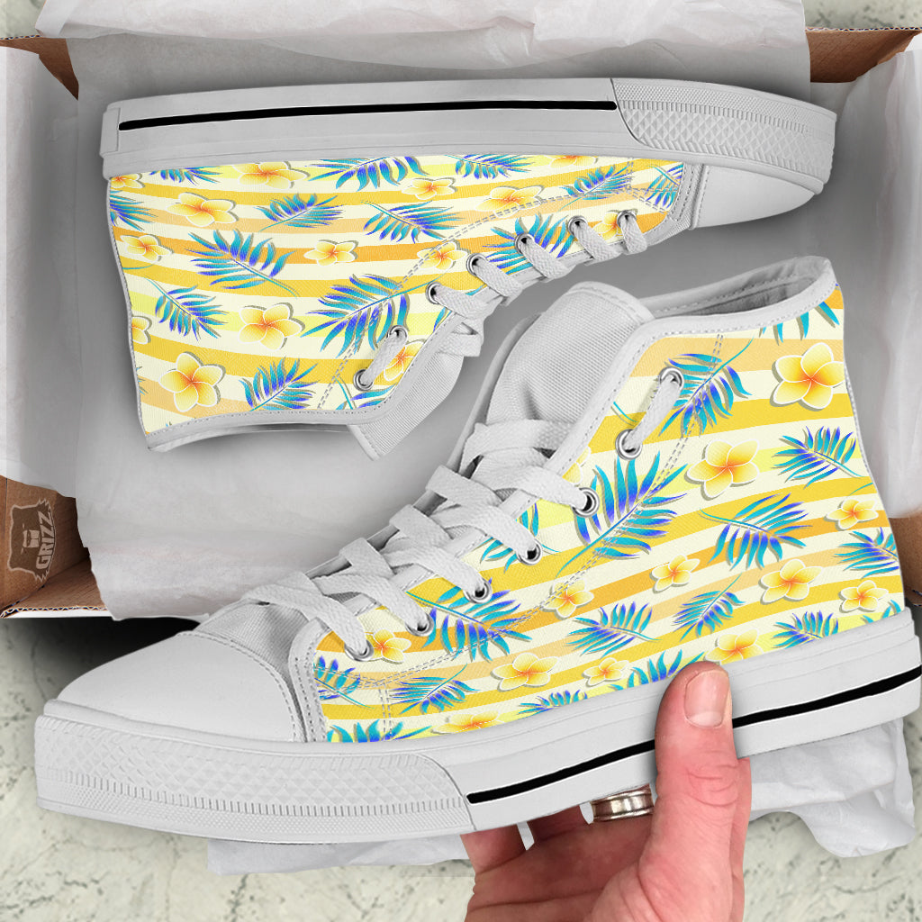 Frangipani Yellow Print Pattern White High Top Shoes-grizzshop