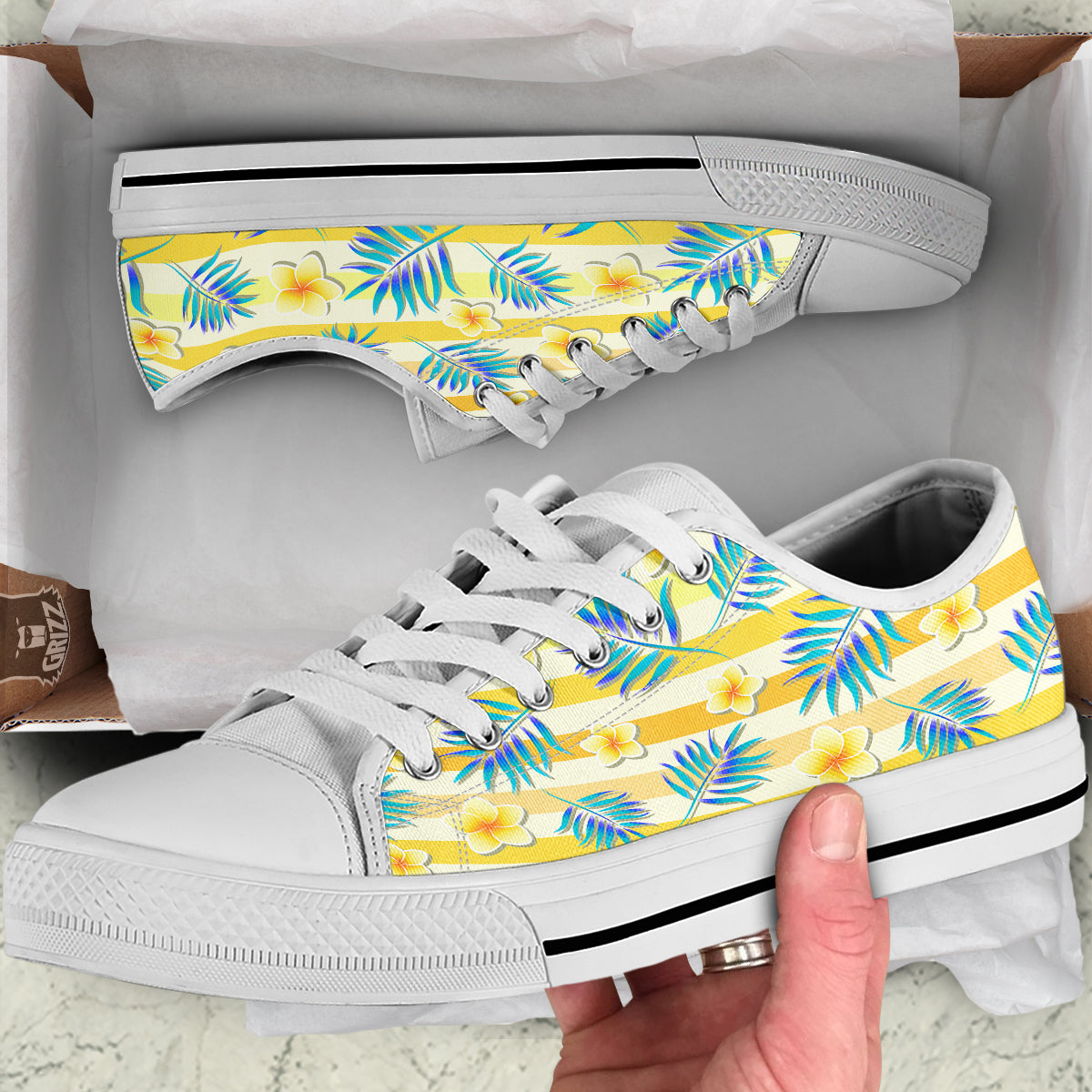 Frangipani Yellow Print Pattern White Low Top Shoes-grizzshop