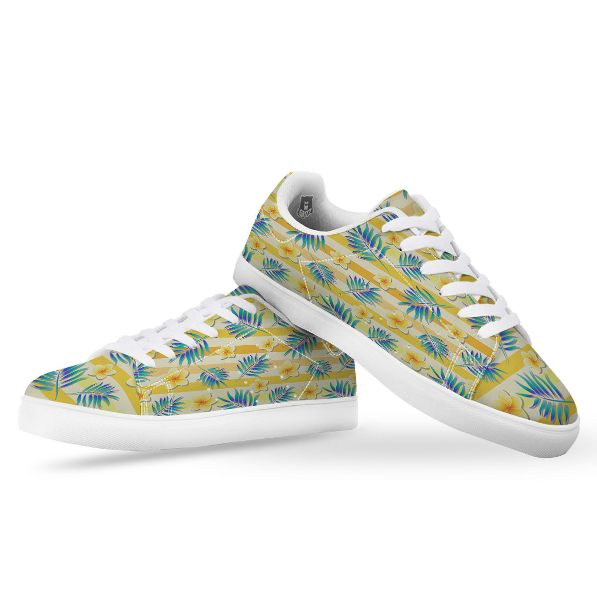 Frangipani Yellow Print Pattern White Low Top Sneakers-grizzshop