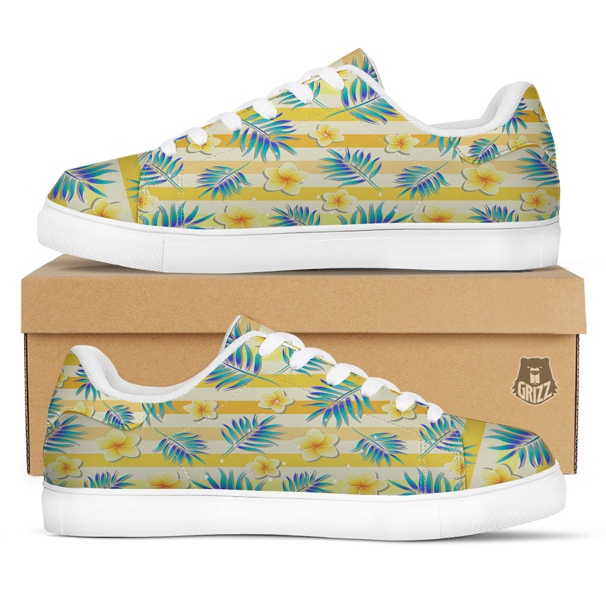 Frangipani Yellow Print Pattern White Low Top Sneakers-grizzshop
