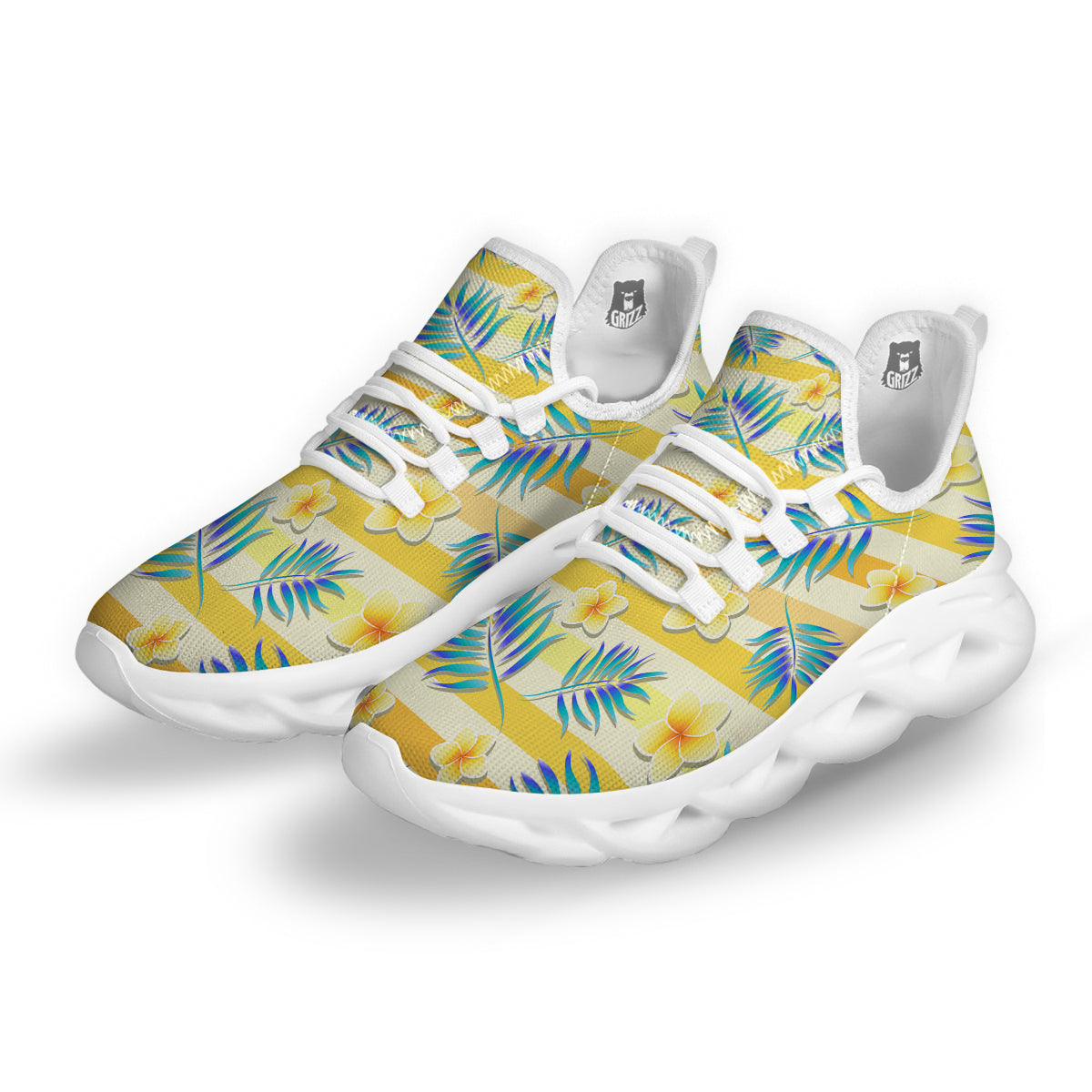 Frangipani Yellow Print Pattern White Running Shoes-grizzshop