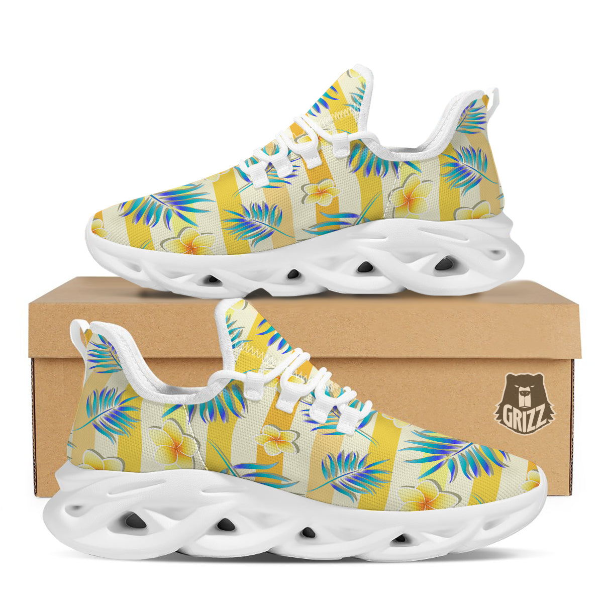 Frangipani Yellow Print Pattern White Running Shoes-grizzshop