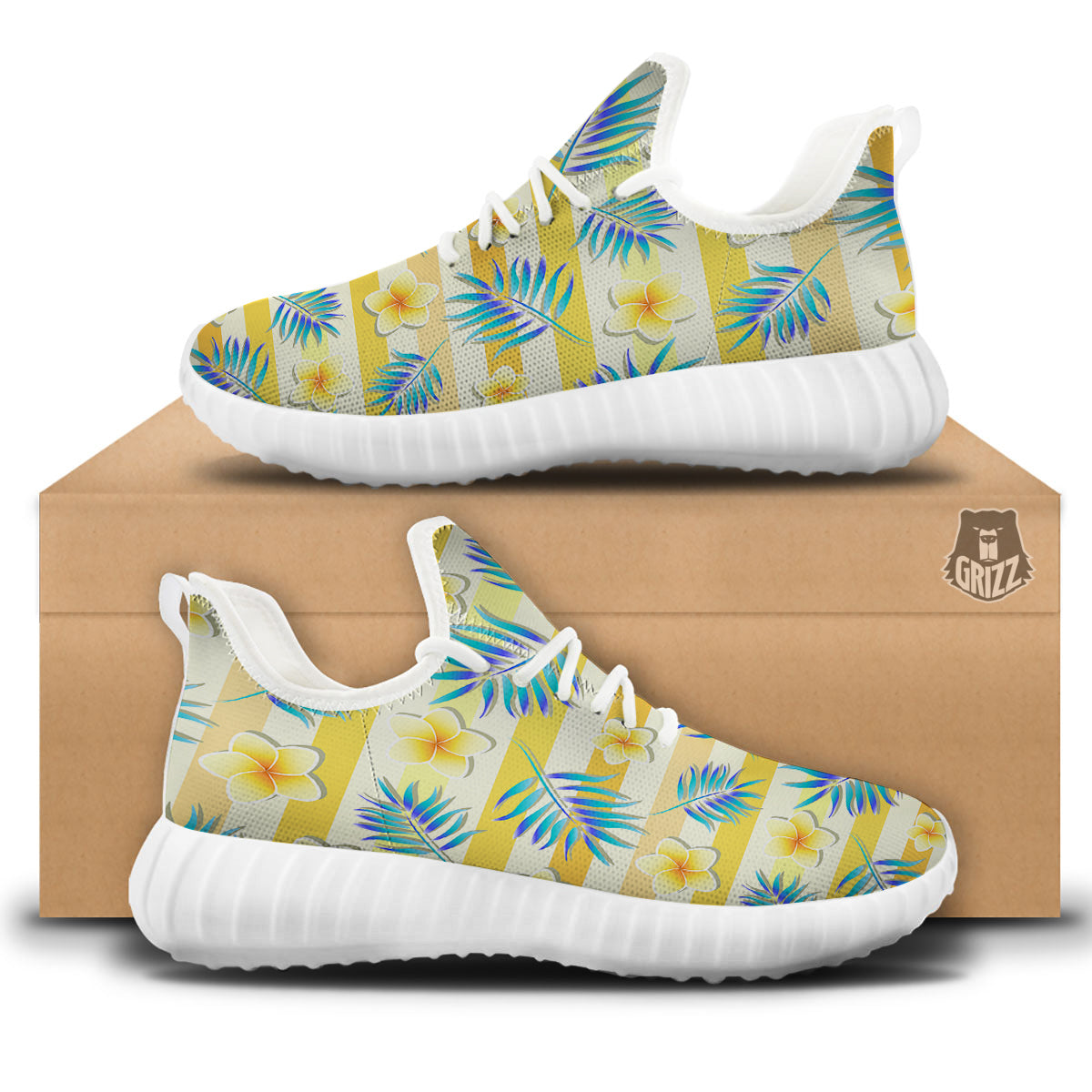Frangipani Yellow Print Pattern White Walking Shoes-grizzshop