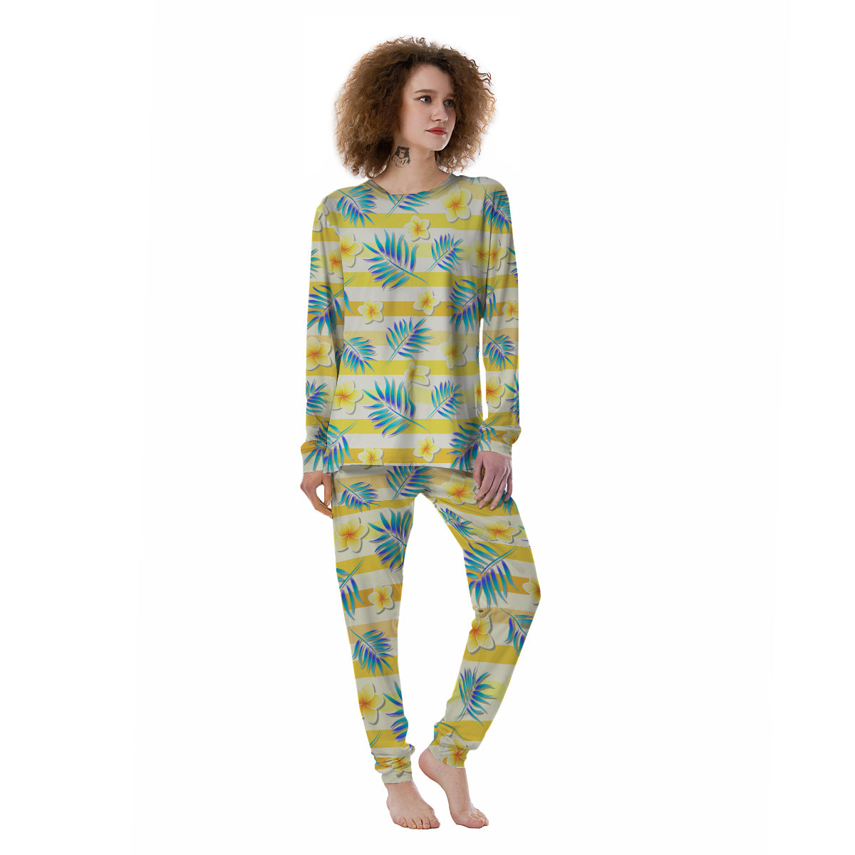 Frangipani Yellow Print Pattern Women's Pajamas-grizzshop