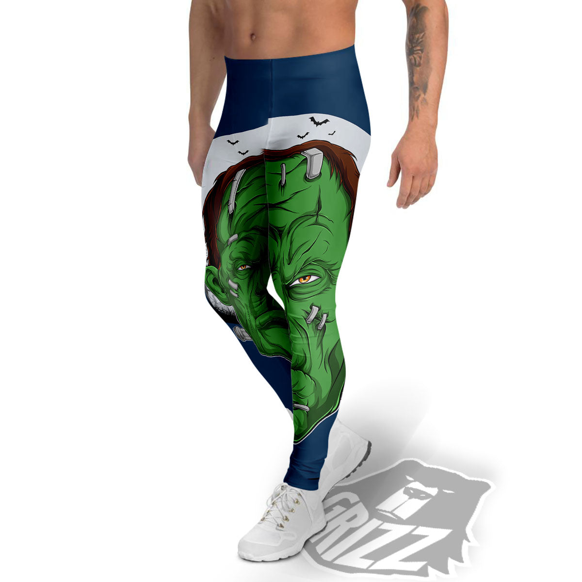 Frankenstein Face Halloween Character Print Men's Leggings-grizzshop