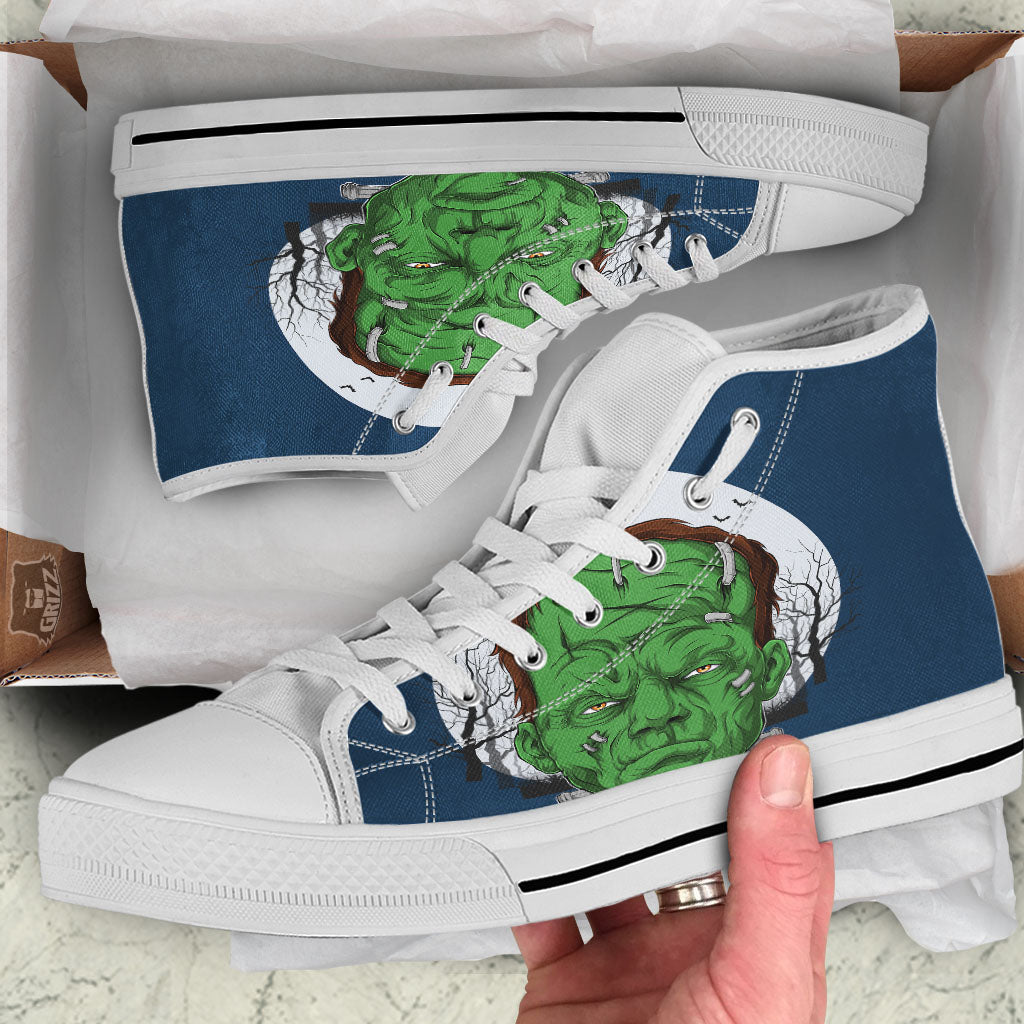 Frankenstein Face Halloween Character Print White High Top Shoes-grizzshop