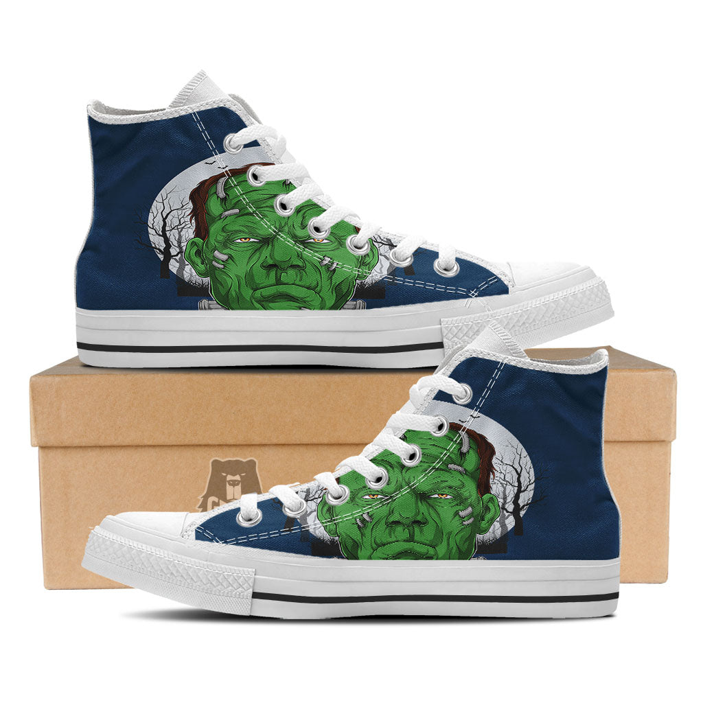Frankenstein Face Halloween Character Print White High Top Shoes-grizzshop