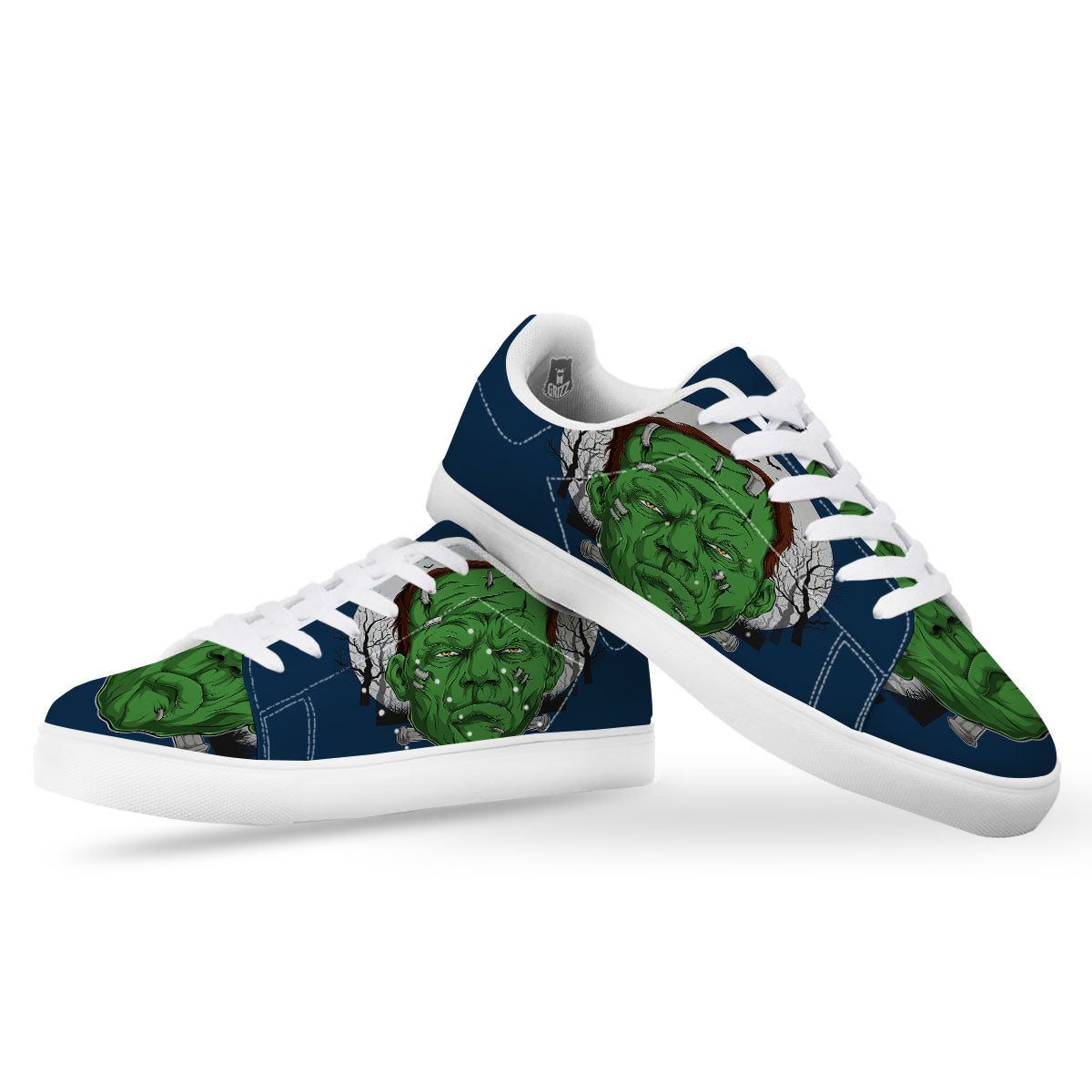 Frankenstein Face Halloween Character Print White Low Top Sneakers-grizzshop