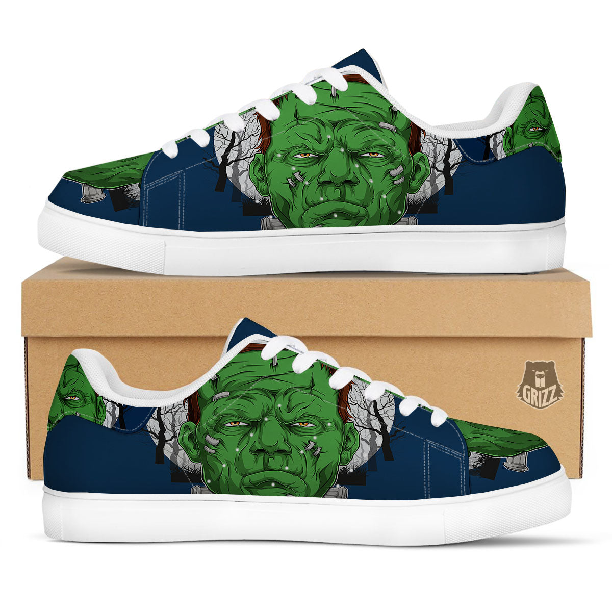 Frankenstein Face Halloween Character Print White Low Top Sneakers-grizzshop
