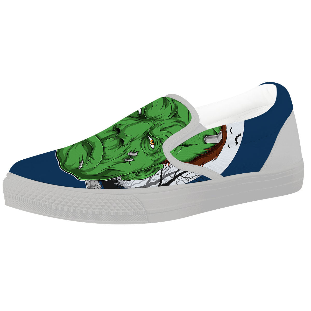 Frankenstein Face Halloween Character Print White Slip On Shoes-grizzshop