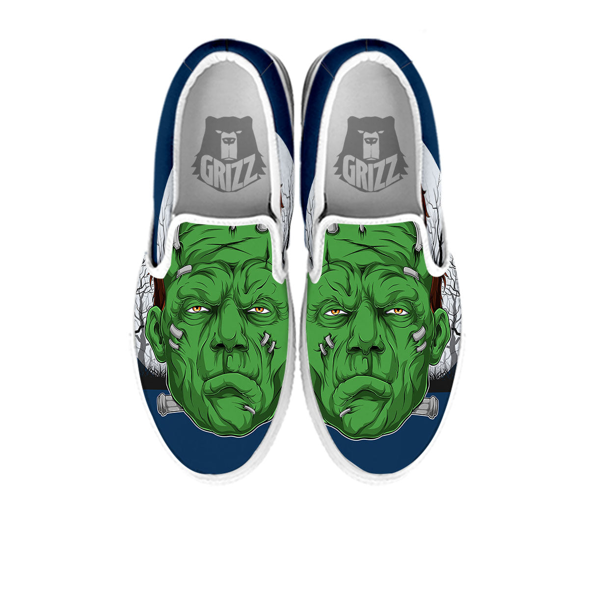Frankenstein Face Halloween Character Print White Slip On Shoes-grizzshop
