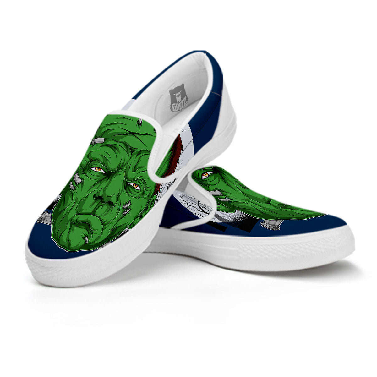 Frankenstein Face Halloween Character Print White Slip On Shoes-grizzshop