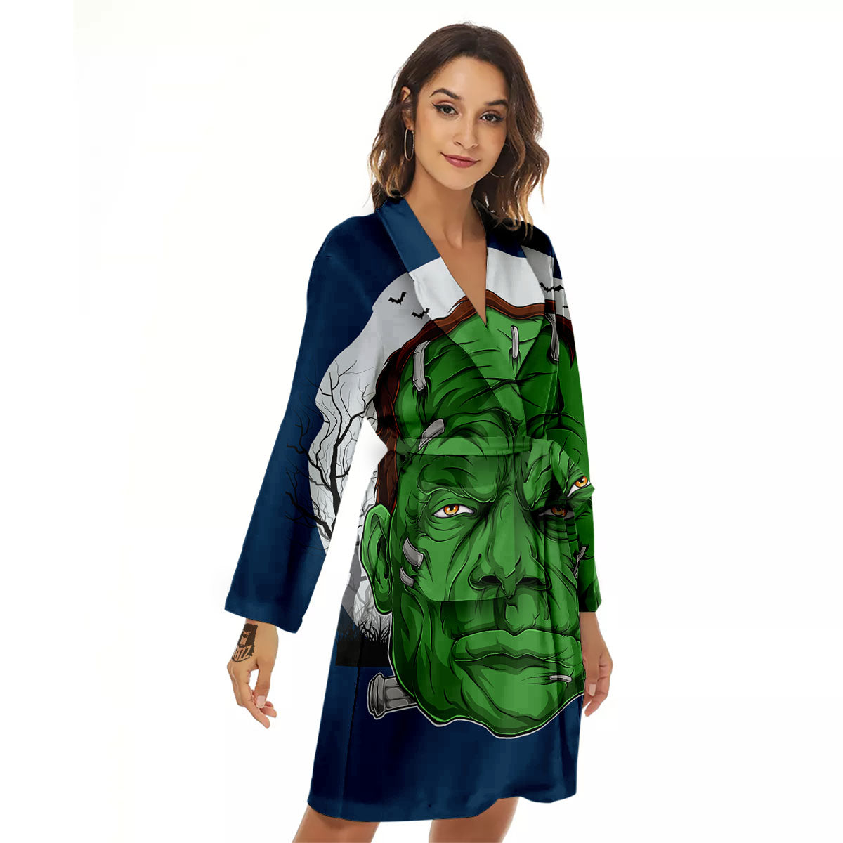 Frankenstein Face Halloween Character Print Women's Robe-grizzshop