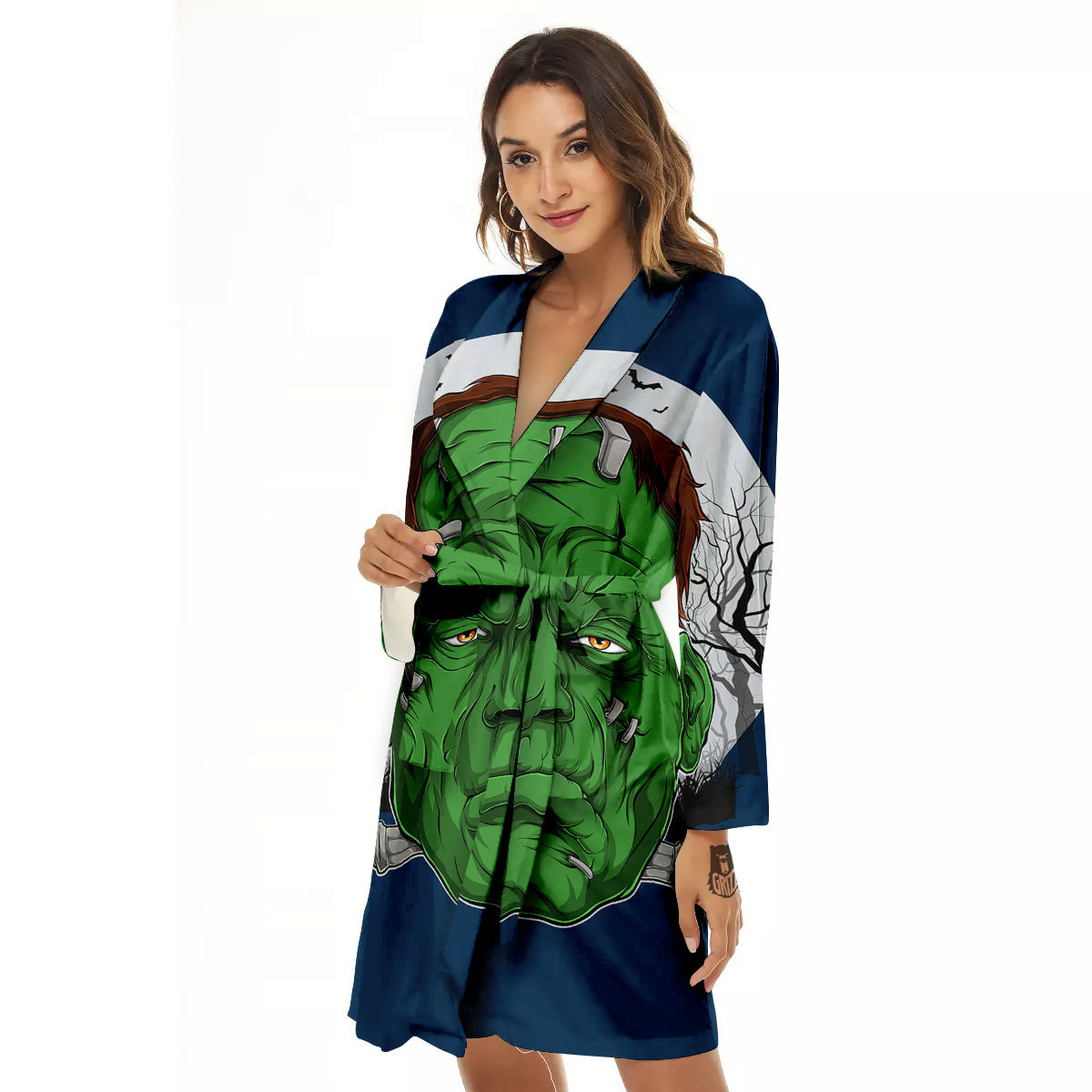 Frankenstein Face Halloween Character Print Women's Robe-grizzshop