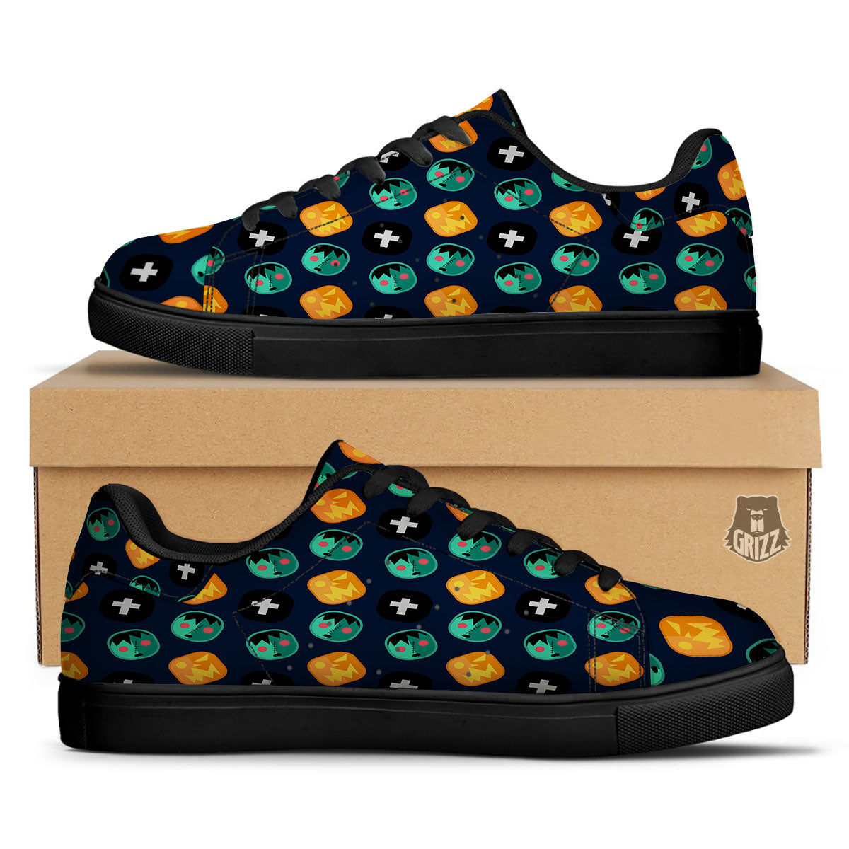 Frankenstein Face Halloween Print Pattern Black Low Top Sneakers-grizzshop