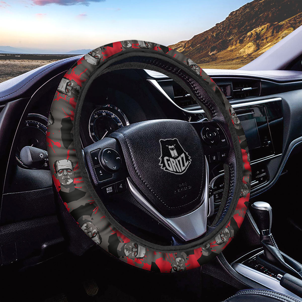 Frankenstein Horror Print Pattern Car Steering Wheel Cover-grizzshop