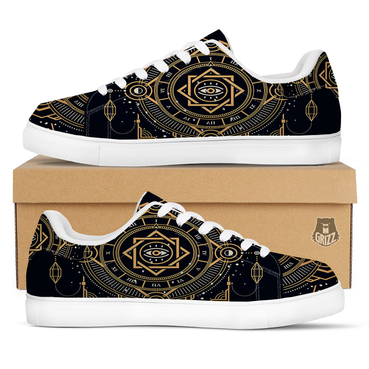Freemasonry Masonic Eye Print White Low Top Sneakers-grizzshop