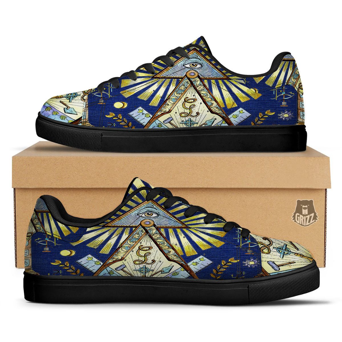 Freemasonry Masonic Vintage Print Black Low Top Sneakers-grizzshop