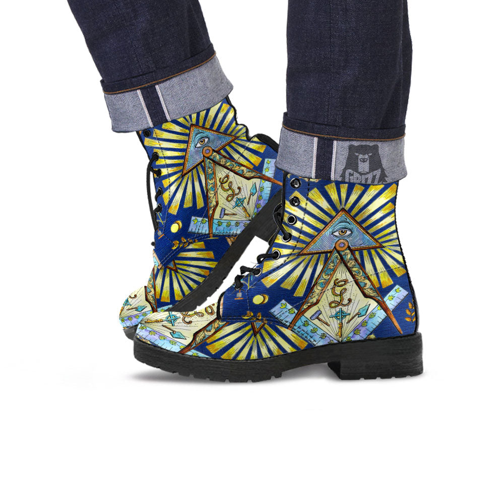 Freemasonry Masonic Vintage Print Leather Boots-grizzshop