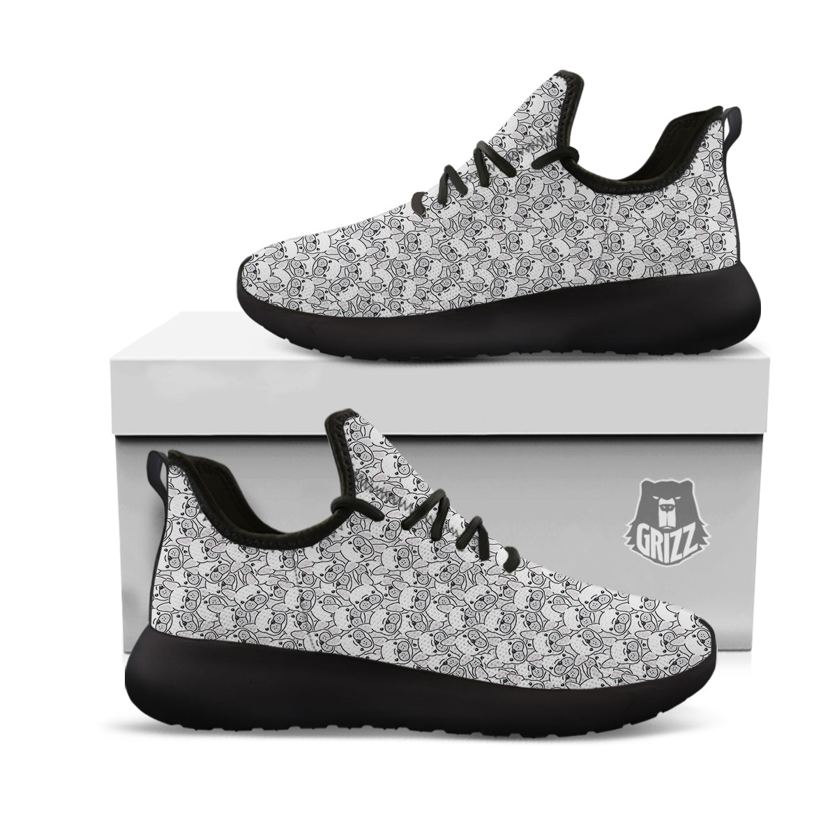 French Bulldog Cartoon Print Pattern Black Athletic Shoes-grizzshop