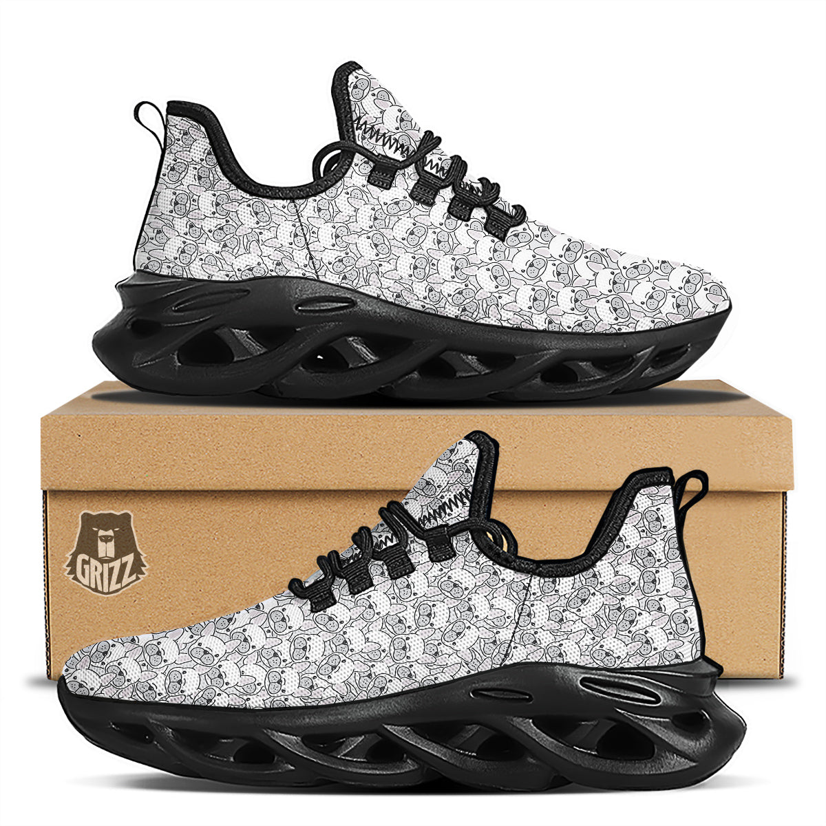 French Bulldog Cartoon Print Pattern Black Running Shoes-grizzshop