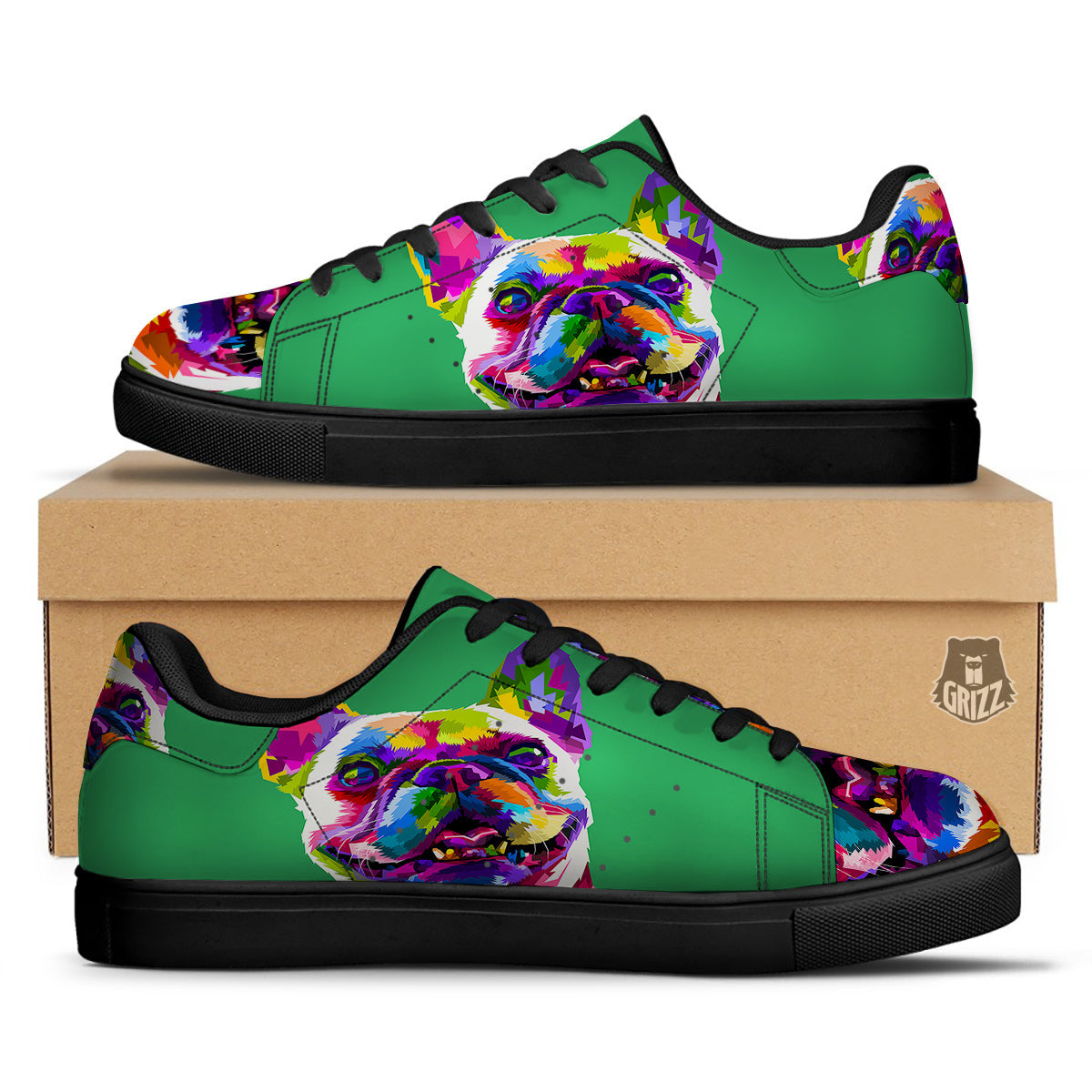French Bulldog Coloful Print Black Low Top Sneakers-grizzshop