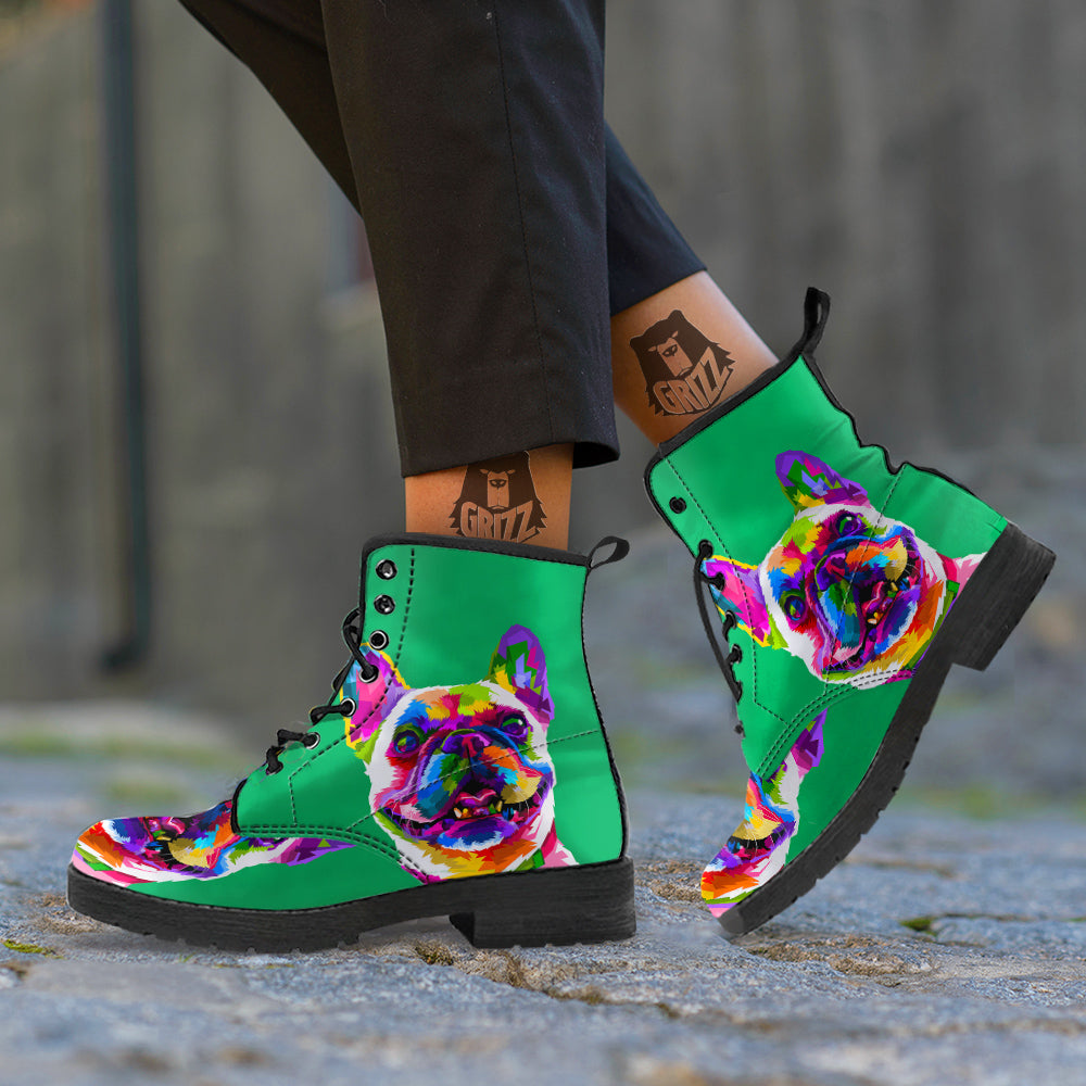 French Bulldog Coloful Print Leather Boots-grizzshop