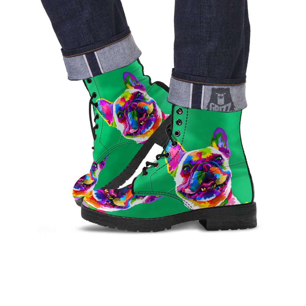 French Bulldog Coloful Print Leather Boots-grizzshop