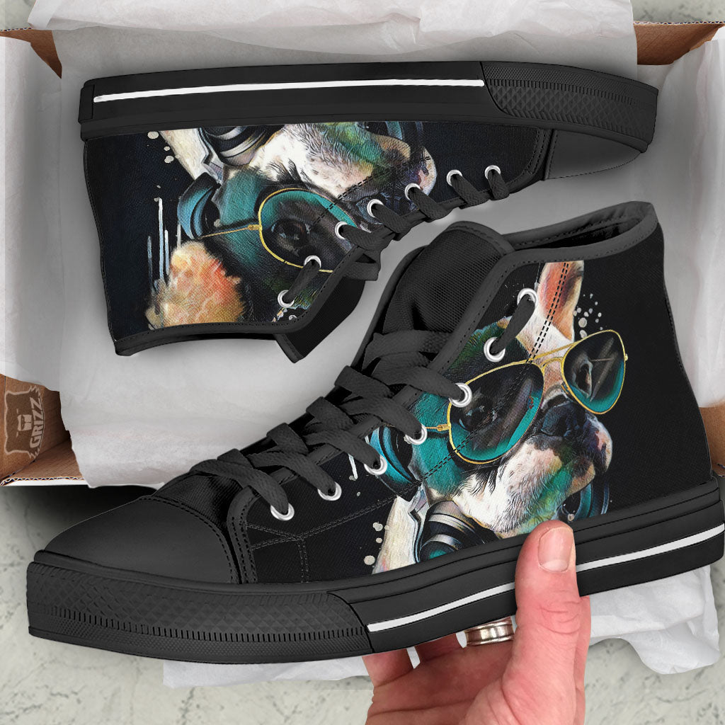 French Bulldog Puppy Watercolor Print Black High Top Shoes-grizzshop