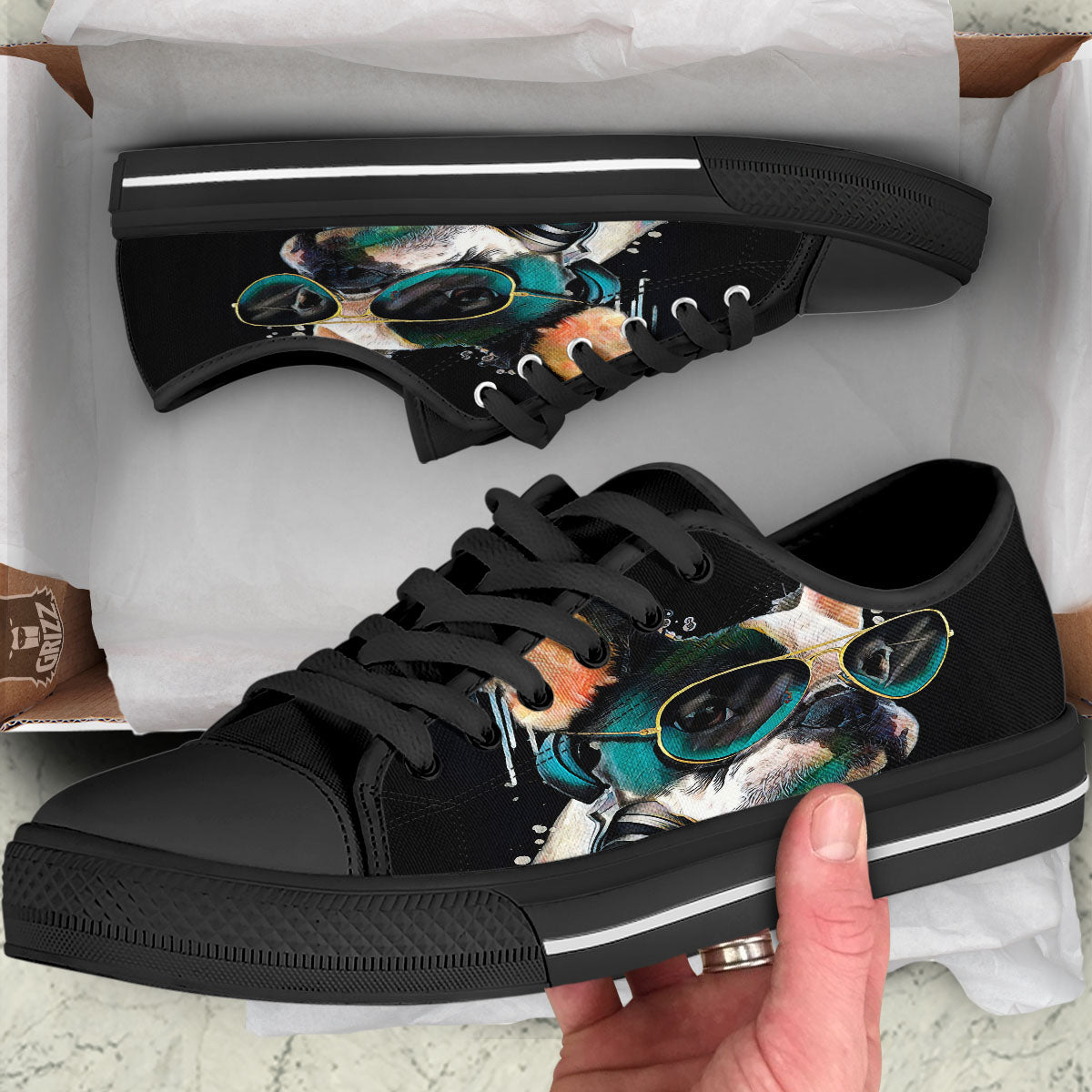 French Bulldog Puppy Watercolor Print Black Low Top Shoes-grizzshop