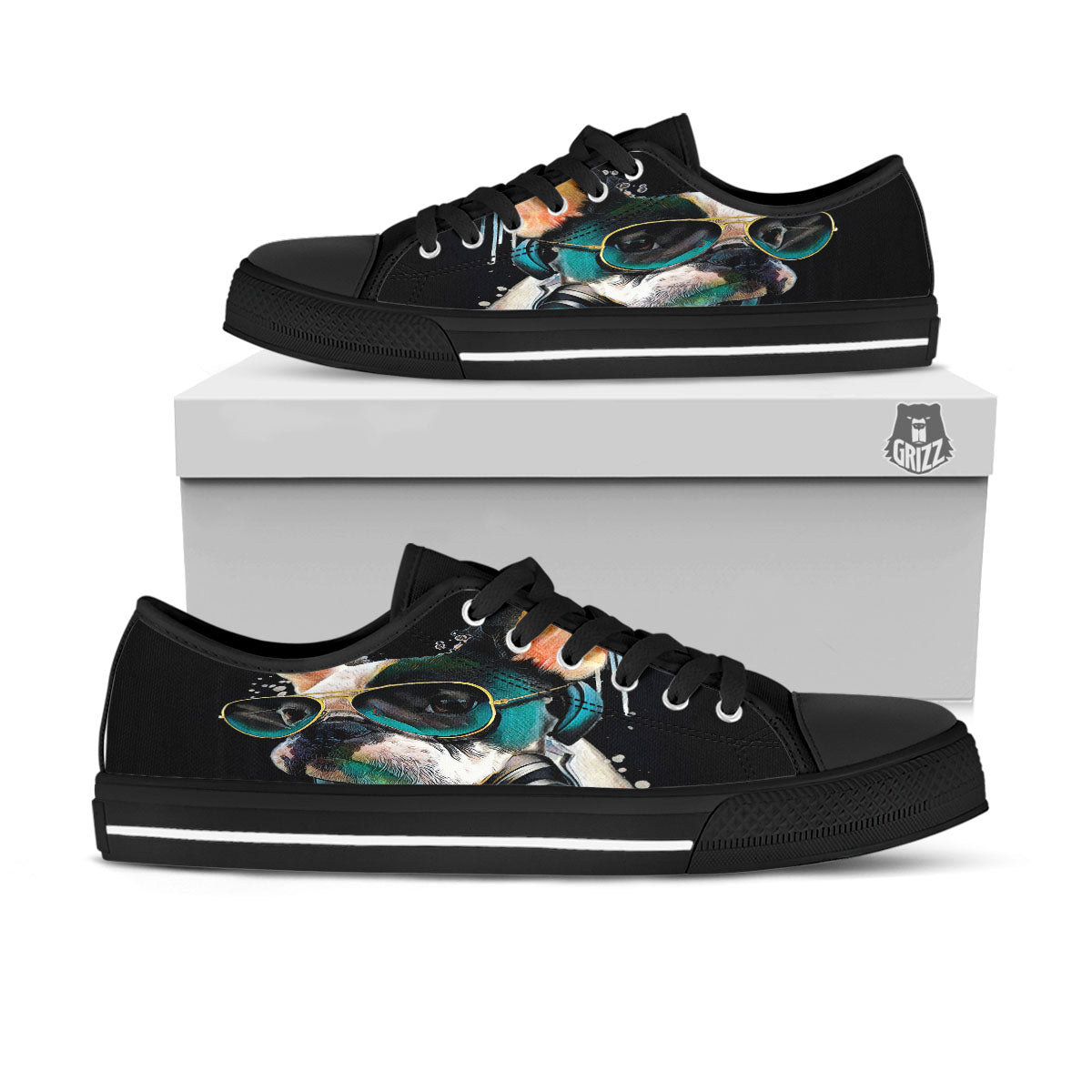 French Bulldog Puppy Watercolor Print Black Low Top Shoes-grizzshop