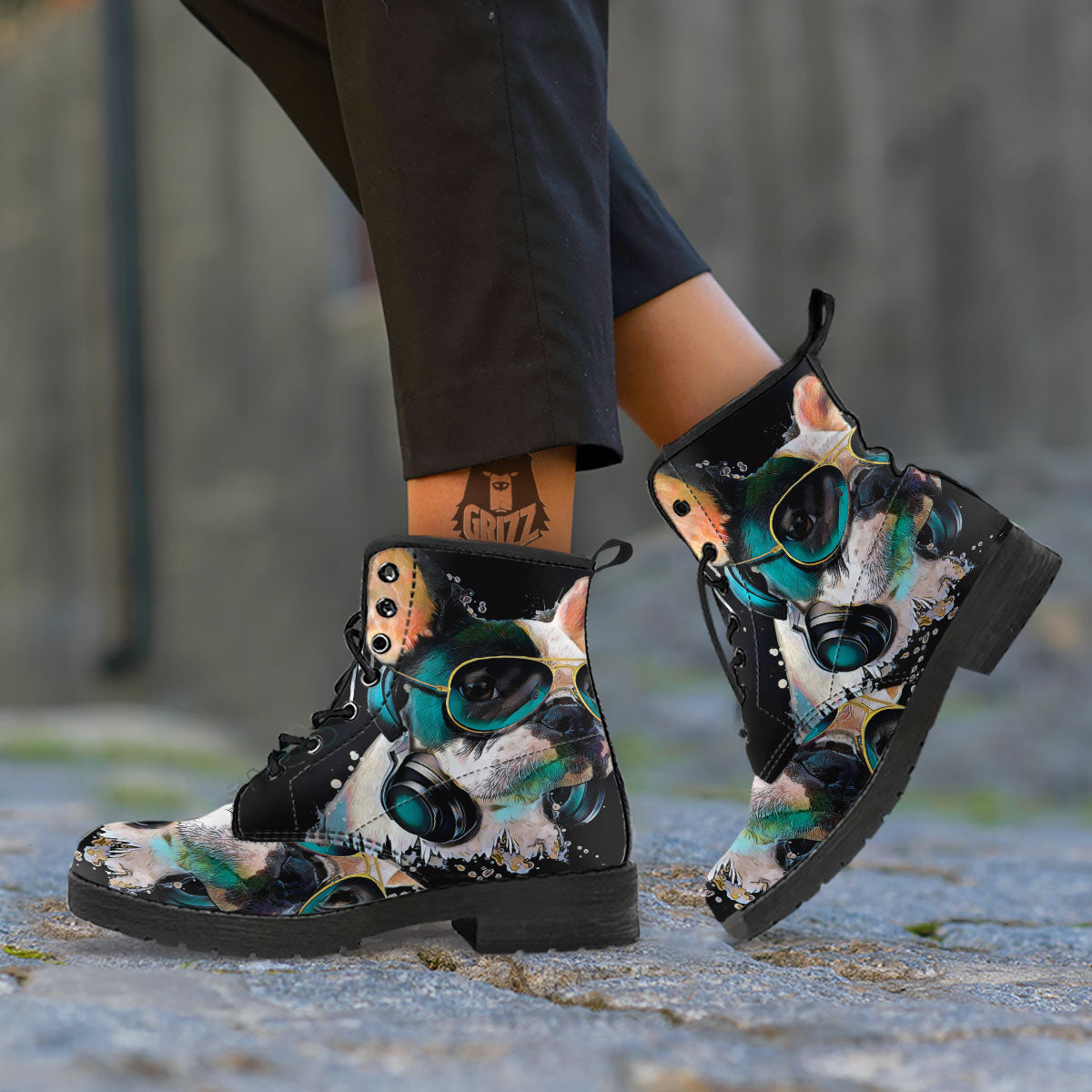 French Bulldog Puppy Watercolor Print Leather Boots-grizzshop