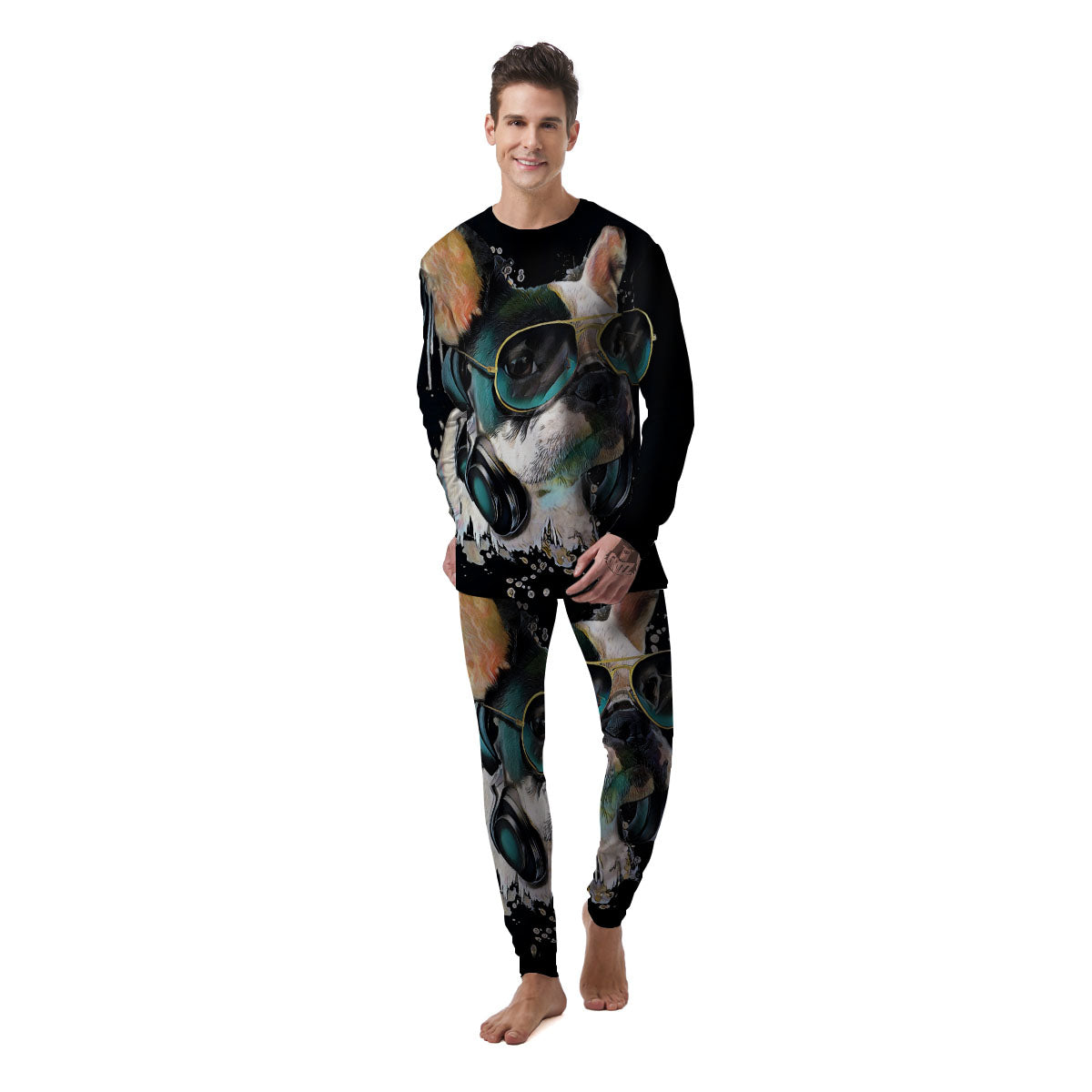 French Bulldog Puppy Watercolor Print Men's Pajamas-grizzshop