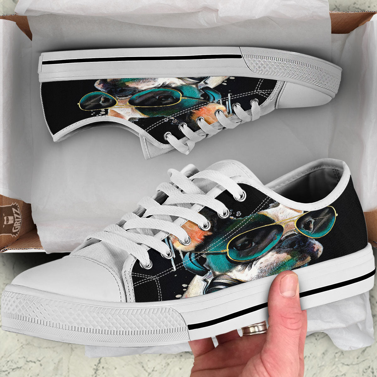 French Bulldog Puppy Watercolor Print White Low Top Shoes-grizzshop