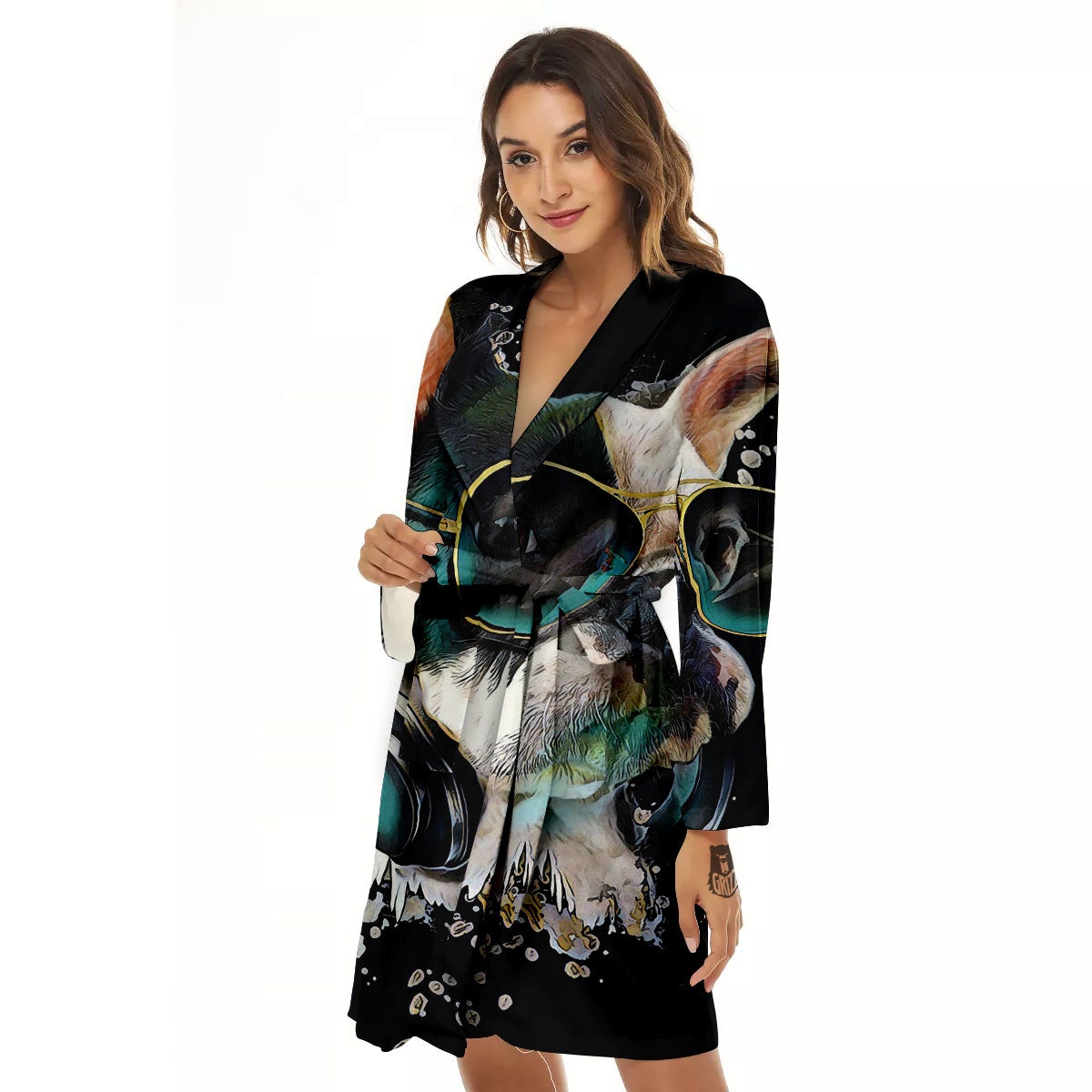 French Bulldog Puppy Watercolor Print Women's Robe-grizzshop