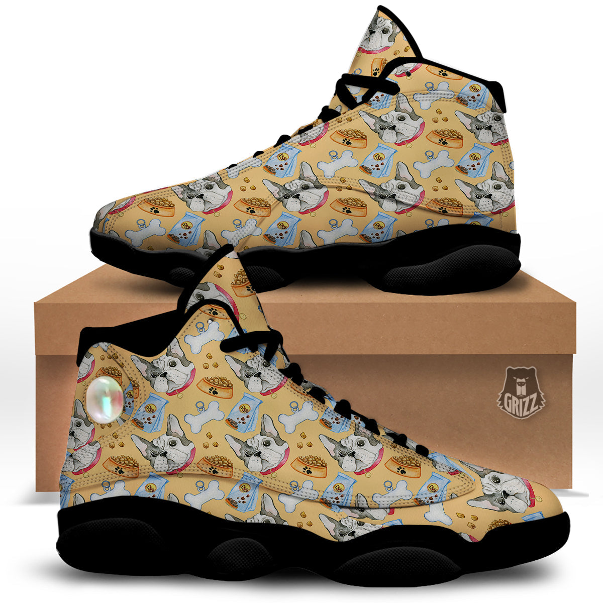 French Bulldog Watercolor Print Pattern Black Basketball Shoes-grizzshop
