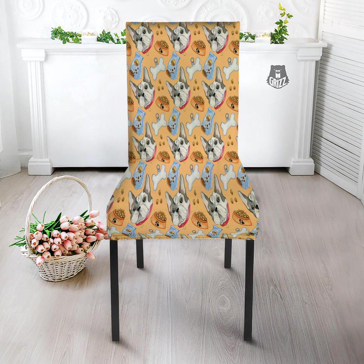 French Bulldog Watercolor Print Pattern Dining Chair Slipcover-grizzshop