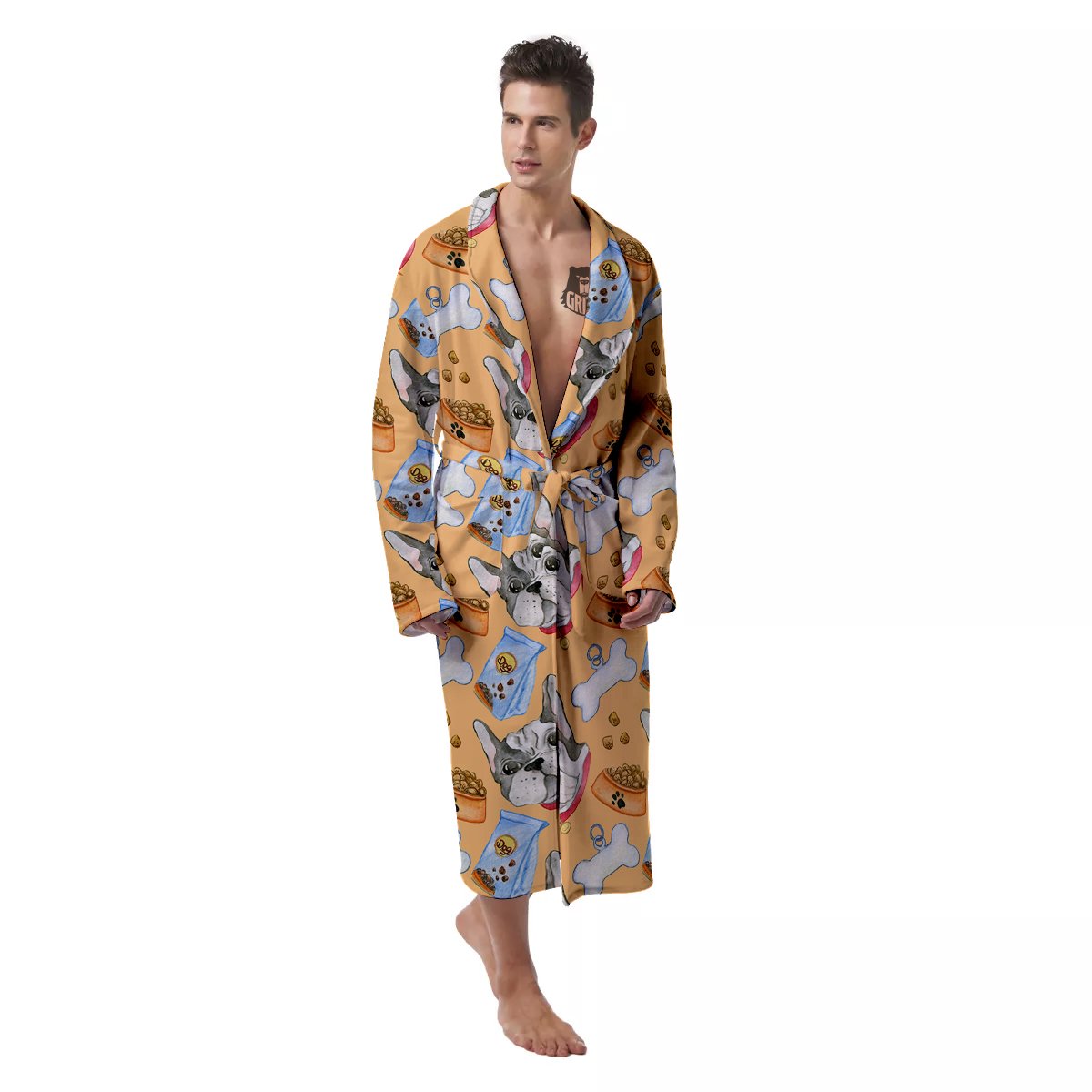 French Bulldog Watercolor Print Pattern Men's Robe-grizzshop
