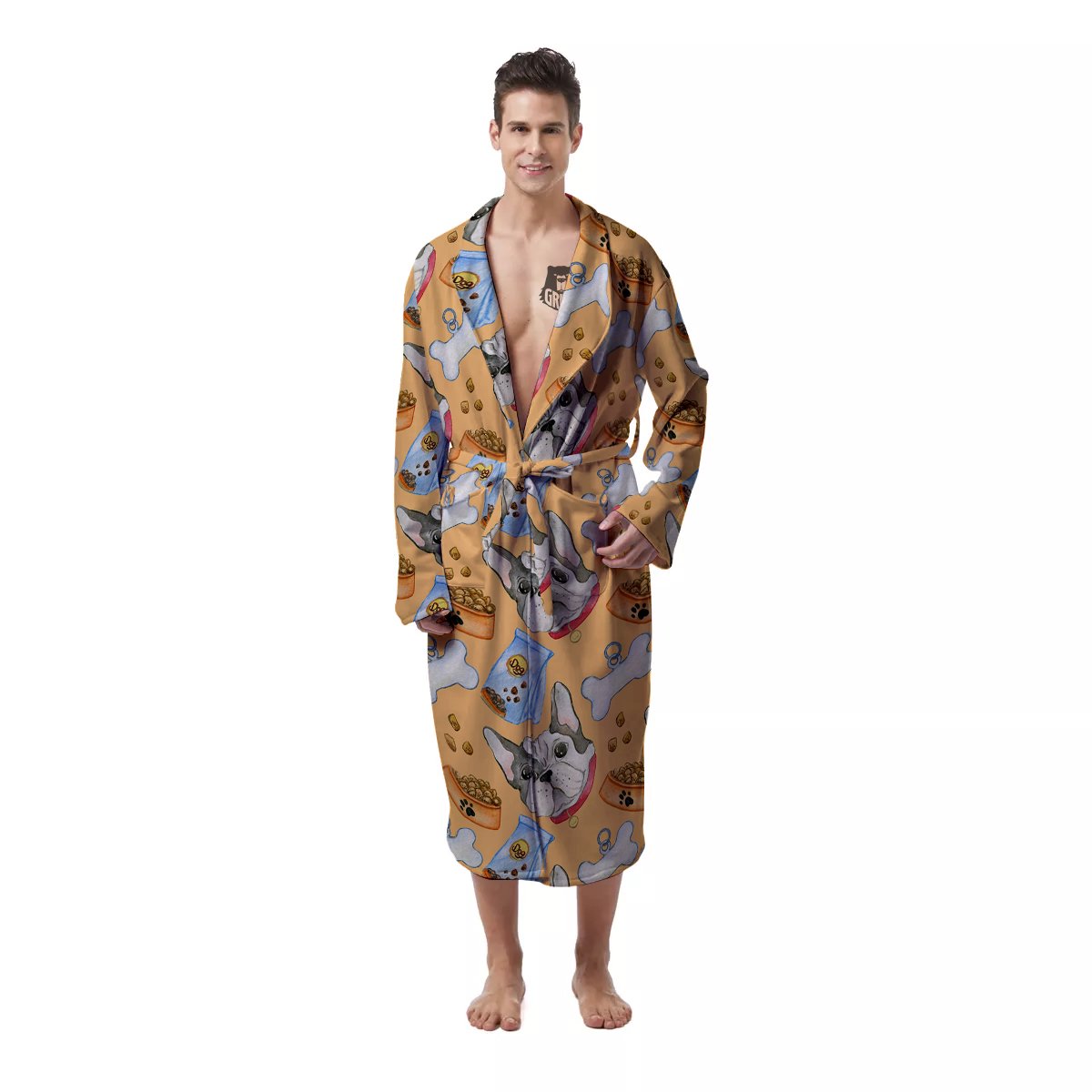 French Bulldog Watercolor Print Pattern Men's Robe-grizzshop