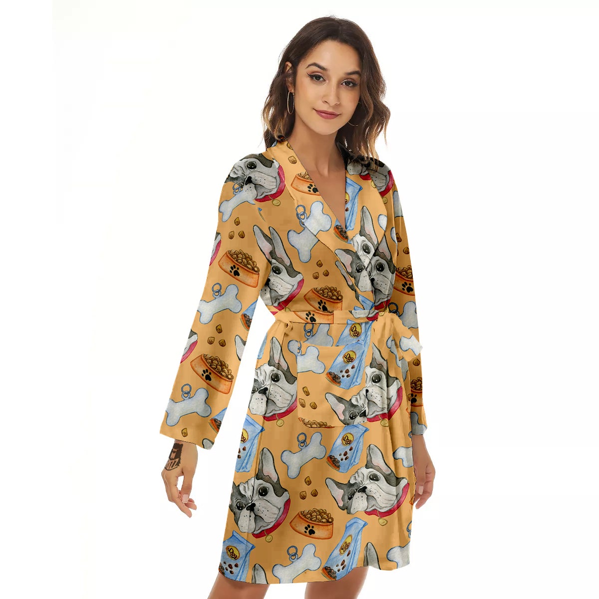 French Bulldog Watercolor Print Pattern Women's Robe-grizzshop