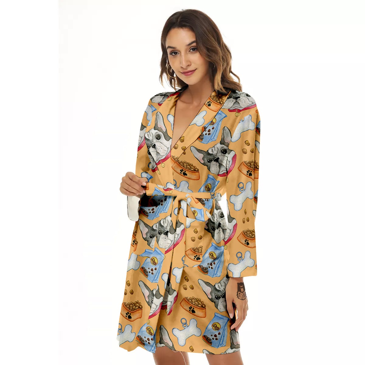 French Bulldog Watercolor Print Pattern Women's Robe-grizzshop