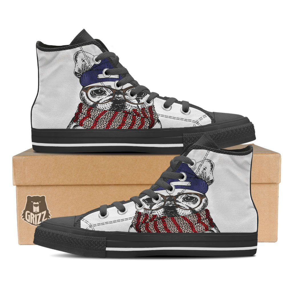 French Bulldog Wearing Glasses Print Black High Top Shoes-grizzshop