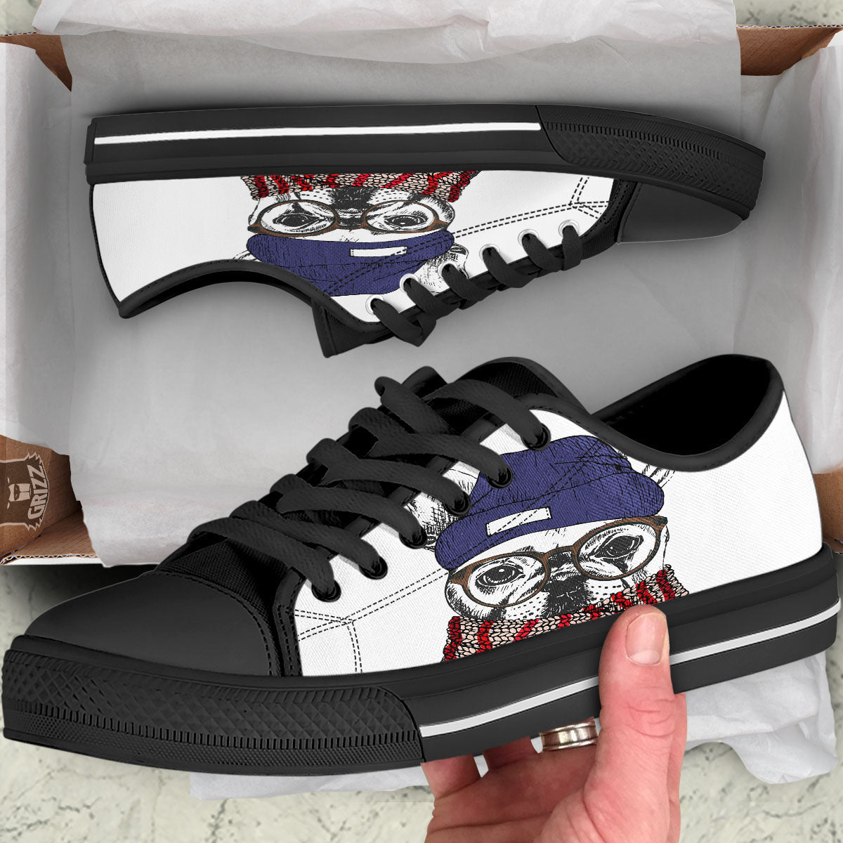 French Bulldog Wearing Glasses Print Black Low Top Shoes-grizzshop