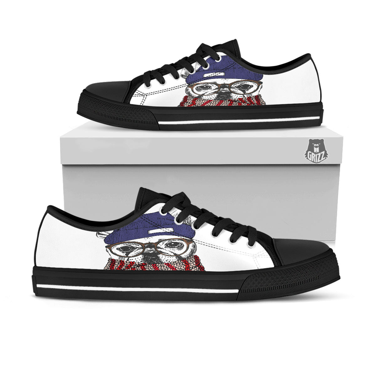 French Bulldog Wearing Glasses Print Black Low Top Shoes-grizzshop