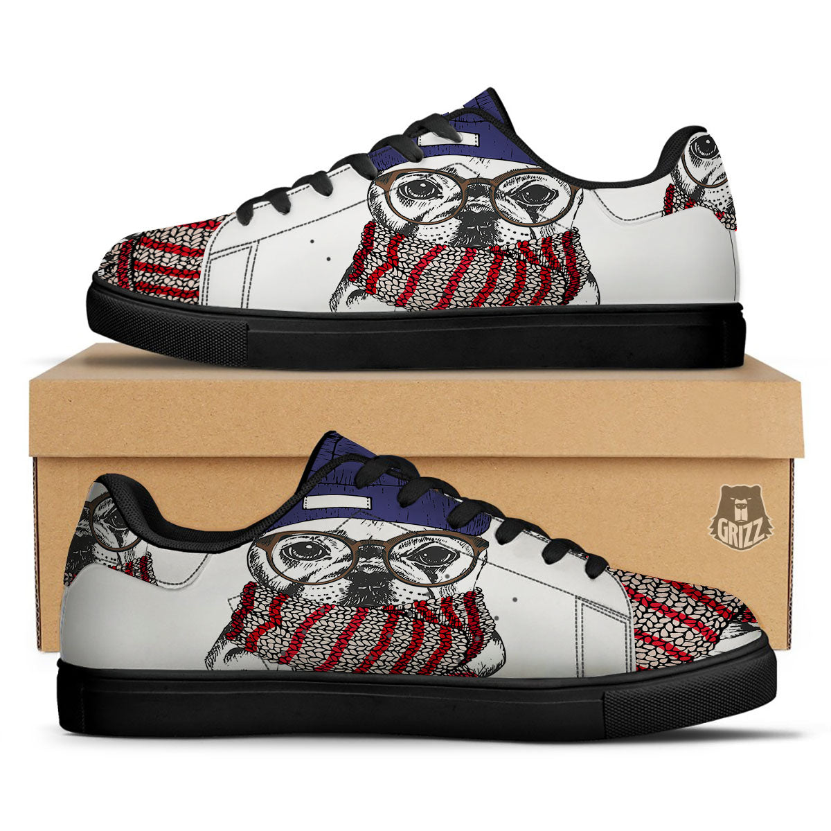 French Bulldog Wearing Glasses Print Black Low Top Sneakers-grizzshop