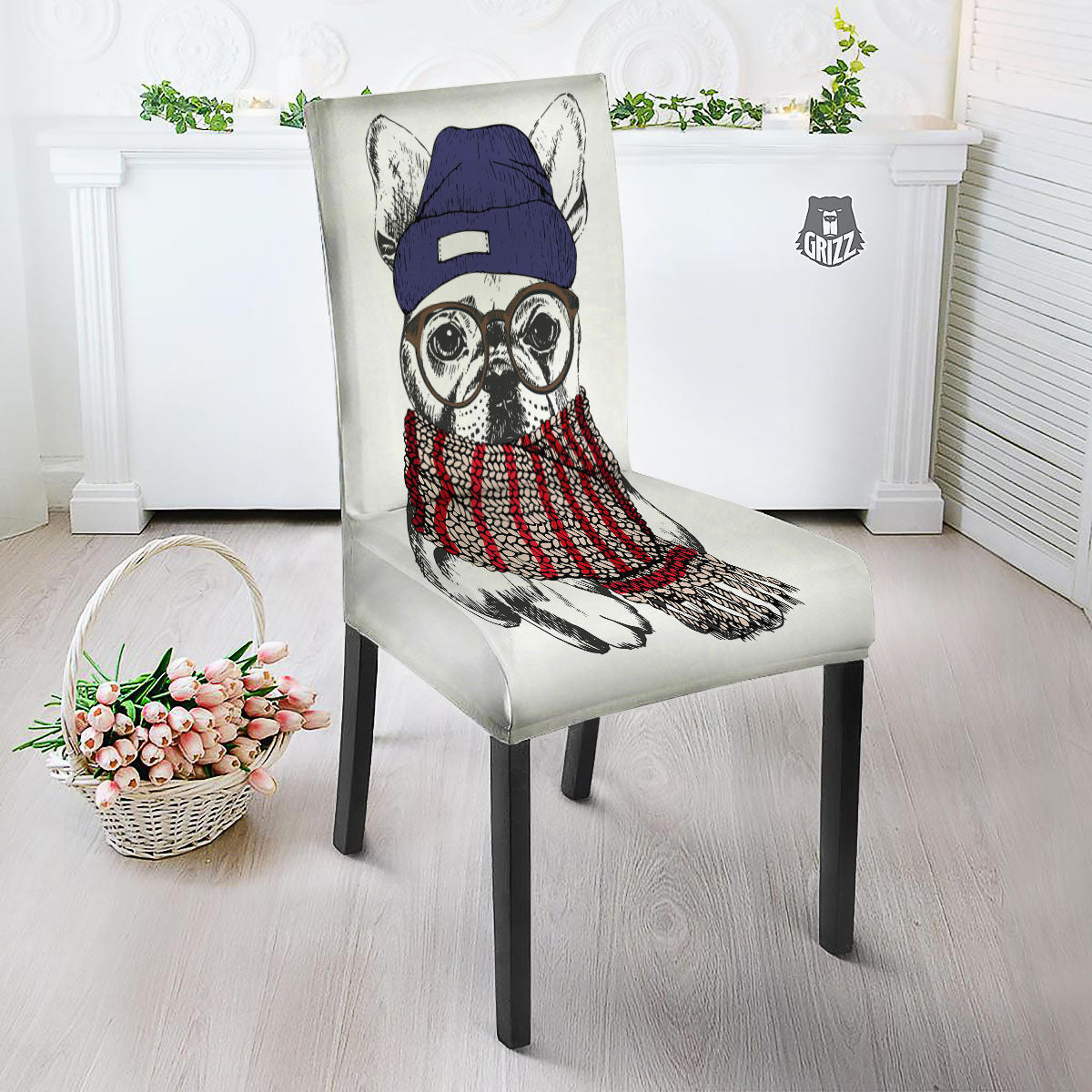 French Bulldog Wearing Glasses Print Dining Chair Slipcover-grizzshop