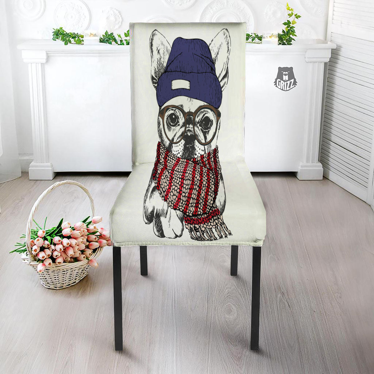 French Bulldog Wearing Glasses Print Dining Chair Slipcover-grizzshop