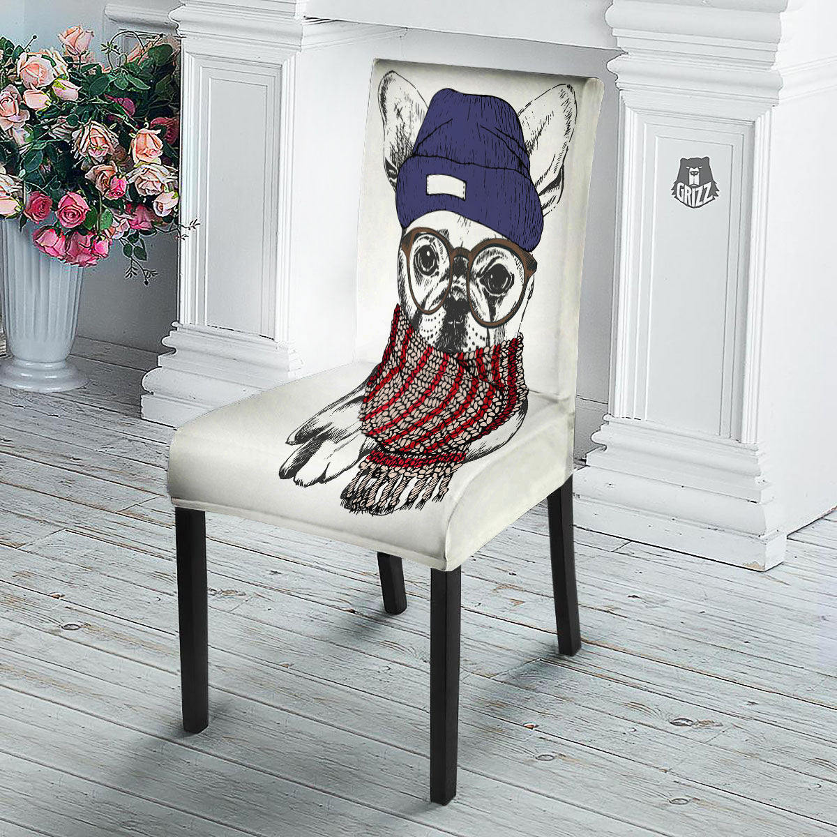 French Bulldog Wearing Glasses Print Dining Chair Slipcover-grizzshop