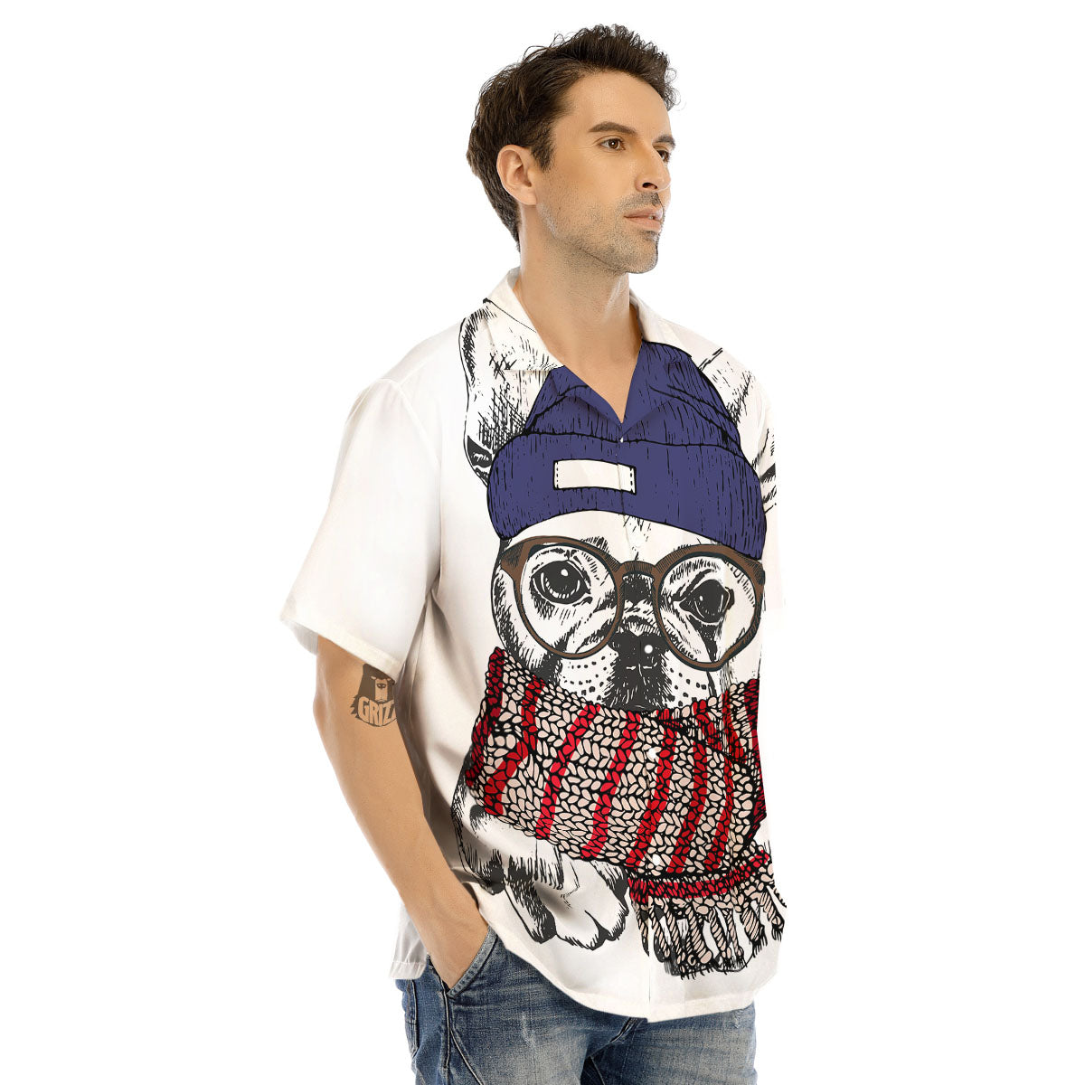 French Bulldog Wearing Glasses Print Men's Hawaiian Shirt-grizzshop